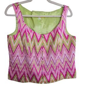 Flores & Flores Top Women 12 Pink Green Zig Zag Y2K Sleeveless Blouse Front Zip